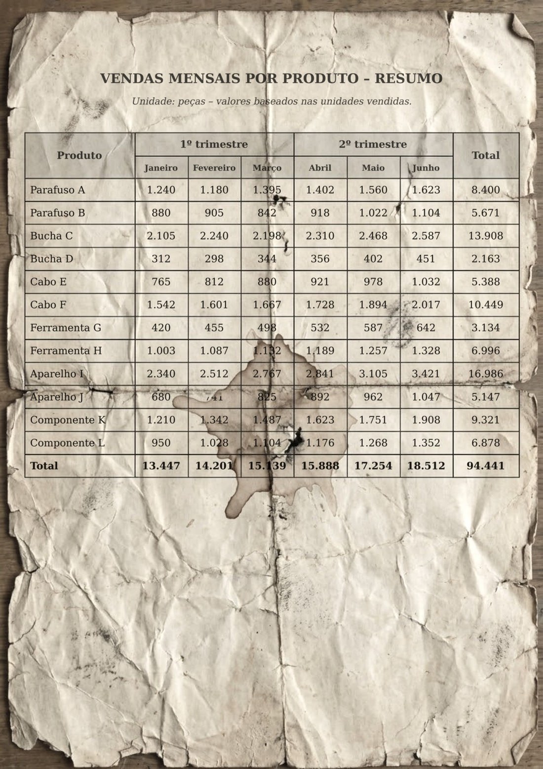Foto de uma tabela impressa em papel amassado e manchado: vendas mensais por produto